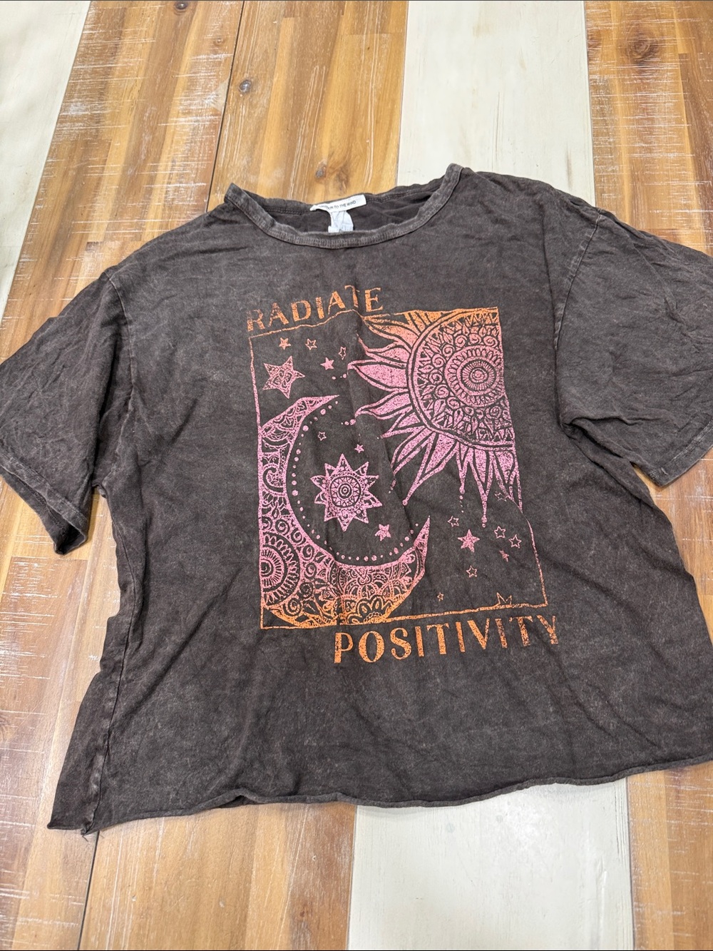 Caution To The Wind Brown Tee with Orange-Pink Celestial Graphic